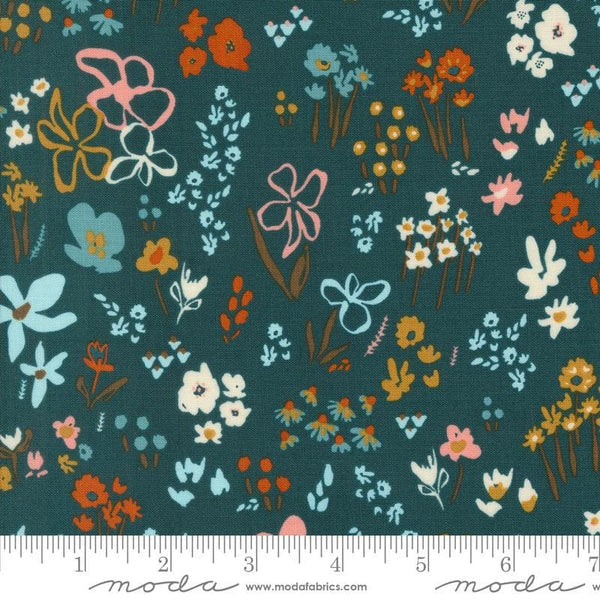 Image of the Things Above  Seeds Deep Sea quilting cotton fabric by Fancy That Design House for Moda Fabrics. Features flowers on a blue background. Cute Little Fabric Shop