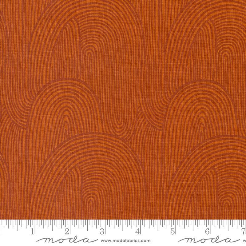 Image of the Things Above Wavy Rust quilting cotton fabric by Fancy That Design House for Moda Fabrics. Features wavy lines on a red background. Cute Little Fabric Shop
