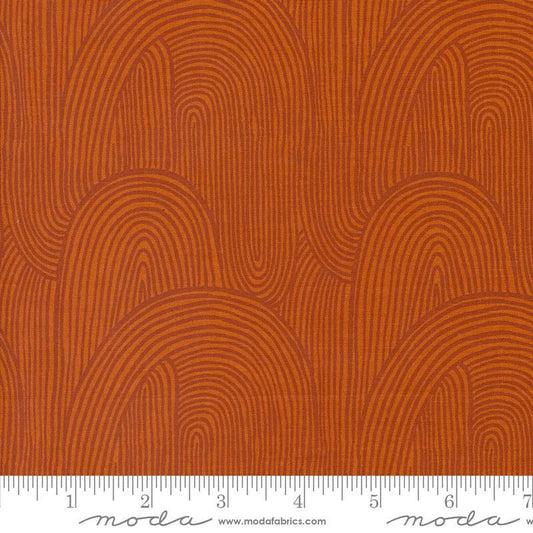 Image of the Things Above Wavy Rust quilting cotton fabric by Fancy That Design House for Moda Fabrics. Features wavy lines on a red background. Cute Little Fabric Shop