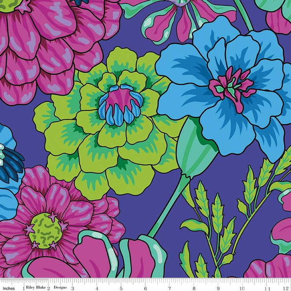 Image of the Wide Back Botanic Blast Carnations Purple quilting cotton fabric by Sew Yeah Quilting for Riley Blake Designs. Features large flowers on a purple background. 
Cute Little Fabric Shop