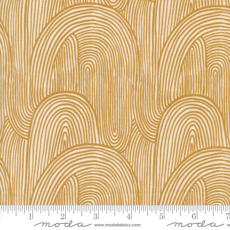 Image of the Things Above Wavy Harvest Gold quilting cotton fabric by Fancy That Design House for Moda Fabrics. Features wavy lines on a yellow background. Cute Little Fabric Shop