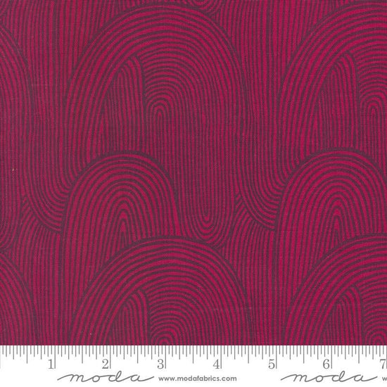 Image of the Things Above Wavy Pomegranate quilting cotton fabric by Fancy That Design House for Moda Fabrics. Features wavy lines on a pink background. Cute Little Fabric Shop