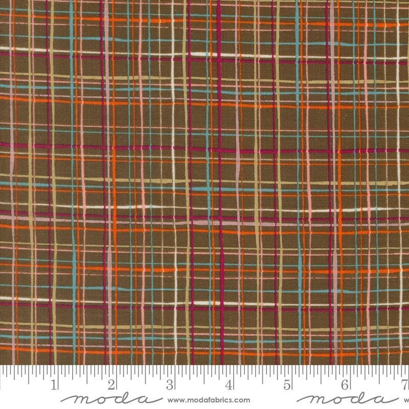 Image of the Things Above Lattice Cocoa quilting cotton fabric by Fancy That Design House for Moda Fabrics. Features plaid lines on a brown background. Cute Little Fabric Shop