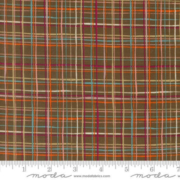 Image of the Things Above Lattice Cocoa quilting cotton fabric by Fancy That Design House for Moda Fabrics. Features plaid lines on a brown background. Cute Little Fabric Shop