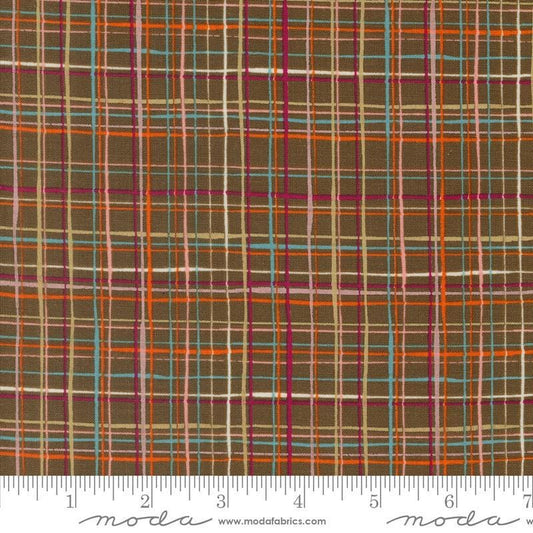 Image of the Things Above Lattice Cocoa quilting cotton fabric by Fancy That Design House for Moda Fabrics. Features plaid lines on a brown background. Cute Little Fabric Shop
