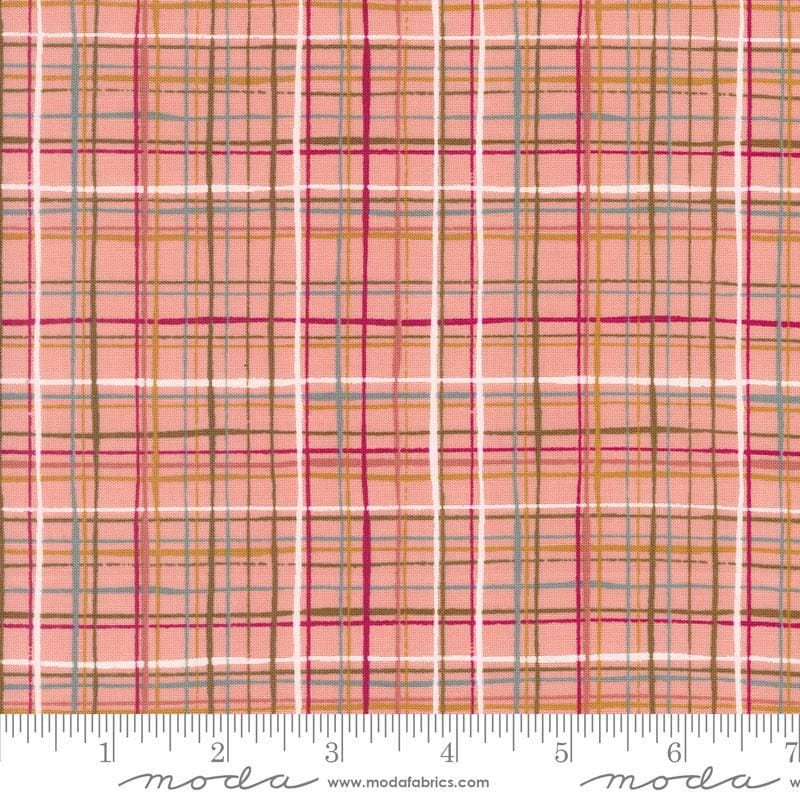 Image of the Things Above Lattice Cameo quilting cotton fabric by Fancy That Design House for Moda Fabrics. Features plaid lines on a pink background. Cute Little Fabric Shop