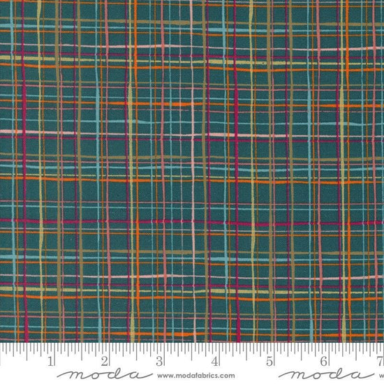 Image of the Things Above Lattice Deep Sea quilting cotton fabric by Fancy That Design House for Moda Fabrics. Features plaid lines on a blue background. Cute Little Fabric Shop