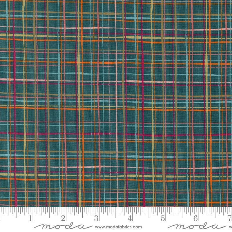 Image of the Things Above Lattice Deep Sea quilting cotton fabric by Fancy That Design House for Moda Fabrics. Features plaid lines on a blue background. Cute Little Fabric Shop