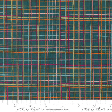 Image of the Things Above Lattice Deep Sea quilting cotton fabric by Fancy That Design House for Moda Fabrics. Features plaid lines on a blue background. Cute Little Fabric Shop