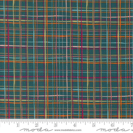 Image of the Things Above Lattice Deep Sea quilting cotton fabric by Fancy That Design House for Moda Fabrics. Features plaid lines on a blue background. Cute Little Fabric Shop