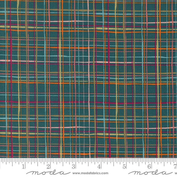 Image of the Things Above Lattice Deep Sea quilting cotton fabric by Fancy That Design House for Moda Fabrics. Features plaid lines on a blue background. Cute Little Fabric Shop