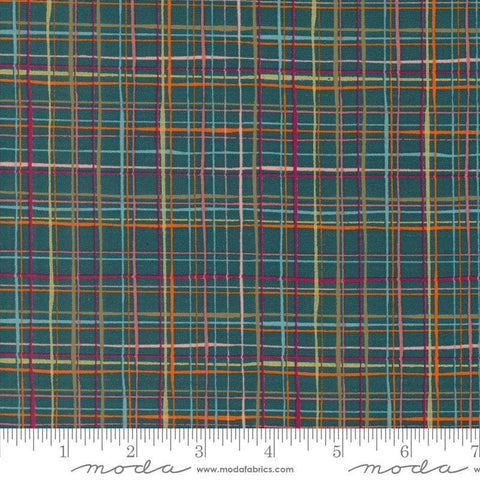 Image of the Things Above Lattice Deep Sea quilting cotton fabric by Fancy That Design House for Moda Fabrics. Features plaid lines on a blue background. Cute Little Fabric Shop