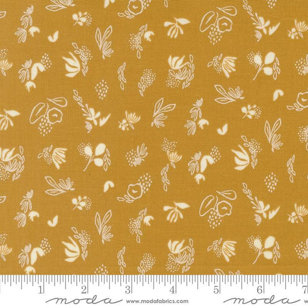 Image of the Things Above Sprinkles Harvest Gold quilting cotton fabric by Fancy That Design House for Moda Fabrics. Features flowers on a gold background. Cute Little Fabric Shop