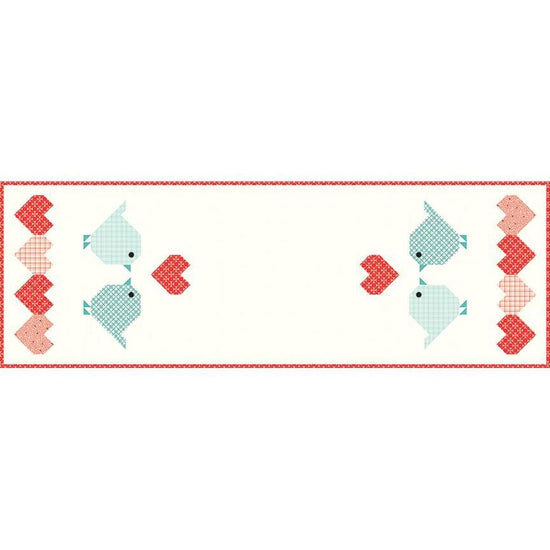 Image of the Heart to Heart Runner Boxed Kit by Sandy Gervais for Riley Blake Designs. Features hearts and birds on a cream background. 
Cute Little Fabric Shop