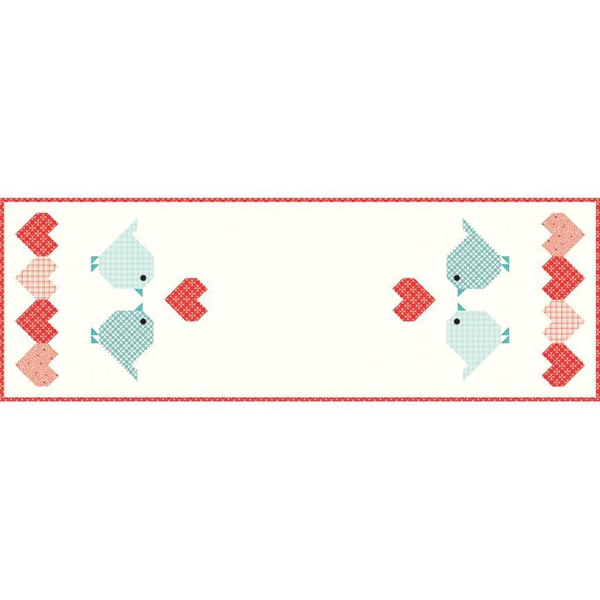 Image of the Heart to Heart Runner Boxed Kit by Sandy Gervais for Riley Blake Designs. Features hearts and birds on a cream background. 
Cute Little Fabric Shop