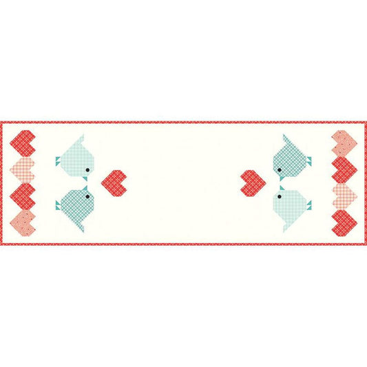 Image of the Heart to Heart Runner Boxed Kit by Sandy Gervais for Riley Blake Designs. Features hearts and birds on a cream background. 
Cute Little Fabric Shop