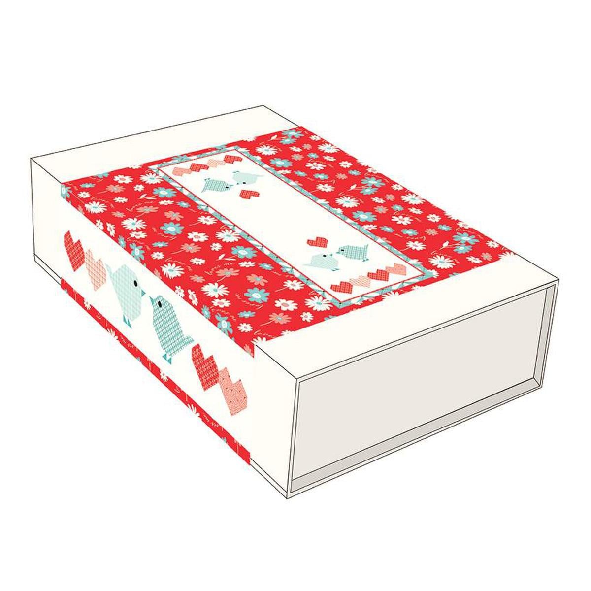 Image of the Heart to Heart Runner Boxed Kit by Sandy Gervais for Riley Blake Designs. Features hearts and birds on a cream background. 
Cute Little Fabric Shop