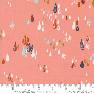 Image of the Things Above Drops Cameo quilting cotton fabric by Fancy That Design House for Moda Fabrics. Features small drops on a coral background. Cute Little Fabric Shop