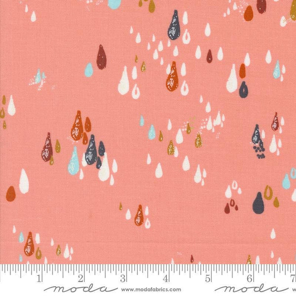 Image of the Things Above Drops Cameo quilting cotton fabric by Fancy That Design House for Moda Fabrics. Features small drops on a coral background. Cute Little Fabric Shop