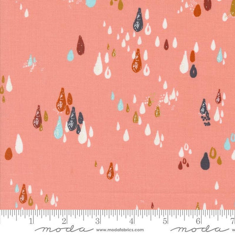 Image of the Things Above Drops Cameo quilting cotton fabric by Fancy That Design House for Moda Fabrics. Features small drops on a coral background. Cute Little Fabric Shop