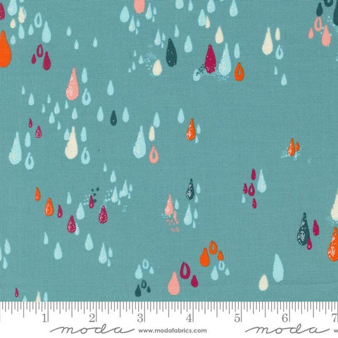 Image of the Things Above Drops Teal quilting cotton fabric by Fancy That Design House for Moda Fabrics. Features small drops on a teal background. Cute Little Fabric Shop
