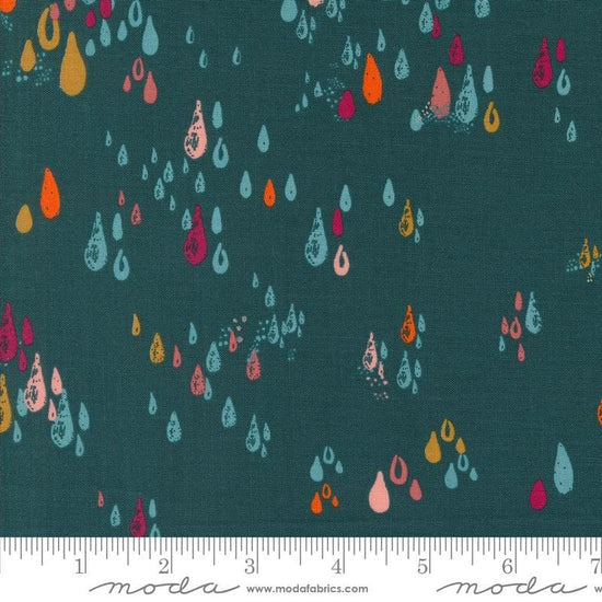 Image of the Things Above Drops Deep Sea quilting cotton fabric by Fancy That Design House for Moda Fabrics. Features small drops on a blue background. Cute Little Fabric Shop