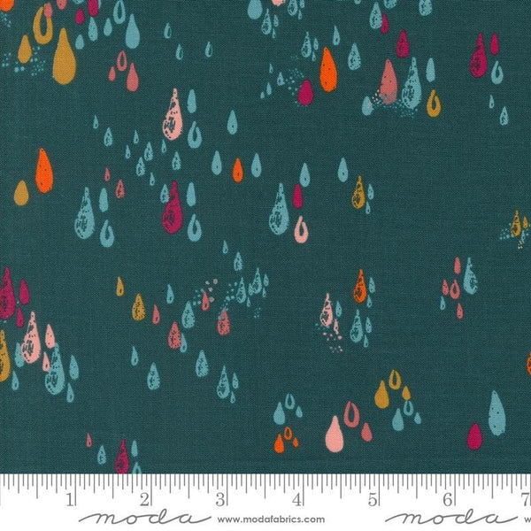 Image of the Things Above Drops Deep Sea quilting cotton fabric by Fancy That Design House for Moda Fabrics. Features small drops on a blue background. Cute Little Fabric Shop