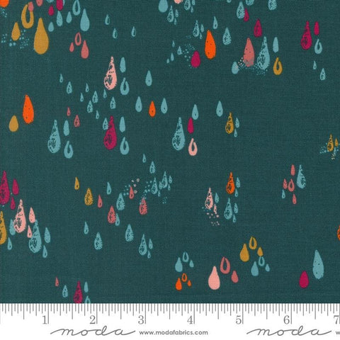 Image of the Things Above Drops Deep Sea quilting cotton fabric by Fancy That Design House for Moda Fabrics. Features small drops on a blue background. Cute Little Fabric Shop