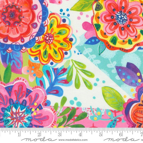 Image of the Flower Patches Floral Rainbow quilting cotton fabric by Amarilys Henderson for Moda Fabrics. Features flowers on a white background. Cute Little Fabric Shop