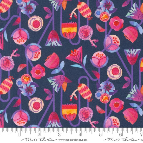 Image of the Flower Patches Flowers Midnight quilting cotton fabric by Amarilys Henderson for Moda Fabrics. Features flowers on a navy background. Cute Little Fabric Shop