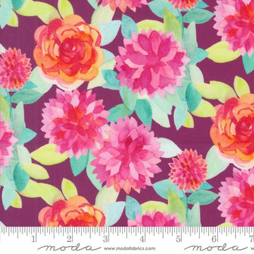Image of the Flower Patches Watercolor Jam quilting cotton fabric by Amarilys Henderson for Moda Fabrics. Features flowers on a green background. Cute Little Fabric Shop