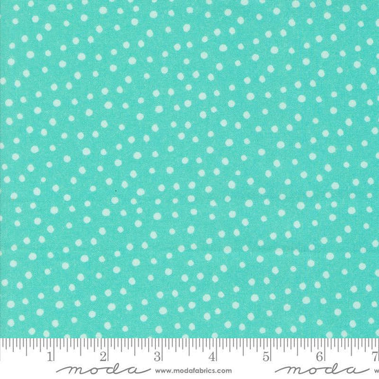 Image of the Flower Patches Dots Robin's Egg quilting cotton fabric by Amarilys Henderson for Moda Fabrics. Features dots on a blue background. Cute Little Fabric Shop
