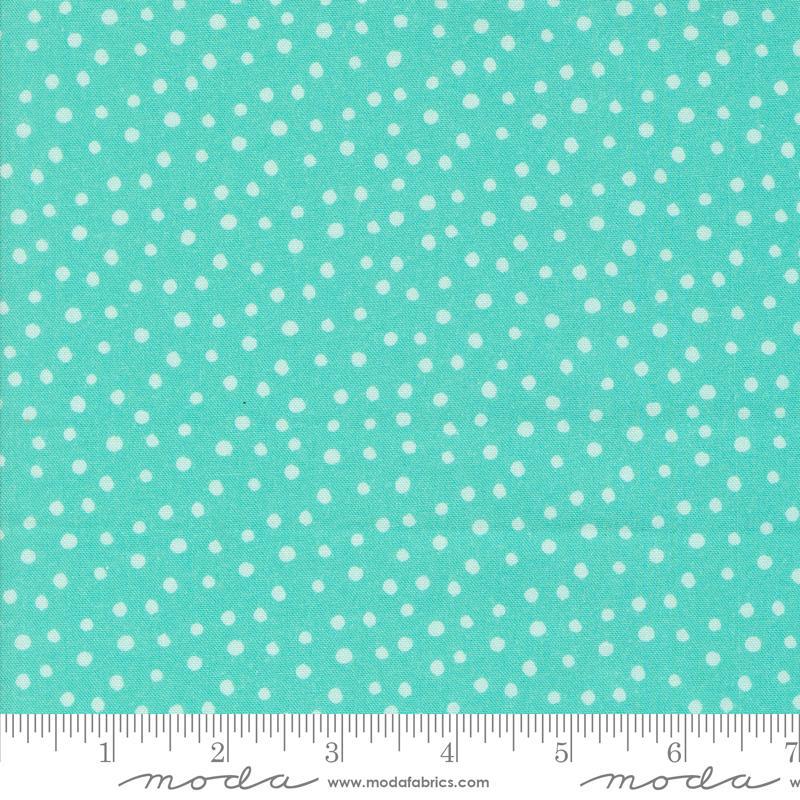 Image of the Flower Patches Dots Robin's Egg quilting cotton fabric by Amarilys Henderson for Moda Fabrics. Features dots on a blue background. Cute Little Fabric Shop