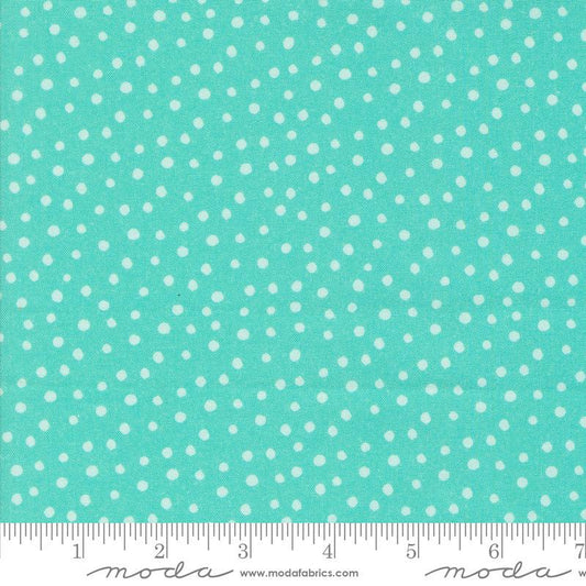 Image of the Flower Patches Dots Robin's Egg quilting cotton fabric by Amarilys Henderson for Moda Fabrics. Features dots on a blue background. Cute Little Fabric Shop