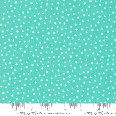 Image of the Flower Patches Dots Robin&#39;s Egg quilting cotton fabric by Amarilys Henderson for Moda Fabrics. Features dots on a blue background. Cute Little Fabric Shop