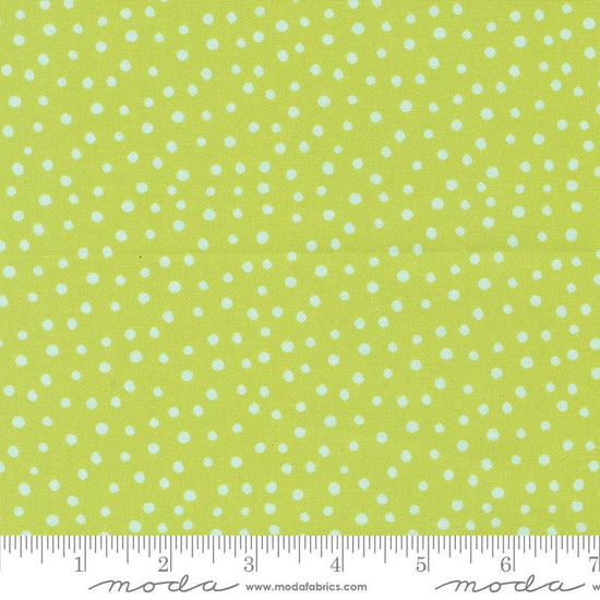 Image of the Flower Patches Dots Limeade quilting cotton fabric by Amarilys Henderson for Moda Fabrics. Features dots on a green background. Cute Little Fabric Shop