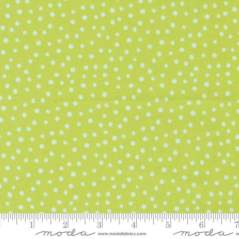 Image of the Flower Patches Dots Limeade quilting cotton fabric by Amarilys Henderson for Moda Fabrics. Features dots on a green background. Cute Little Fabric Shop