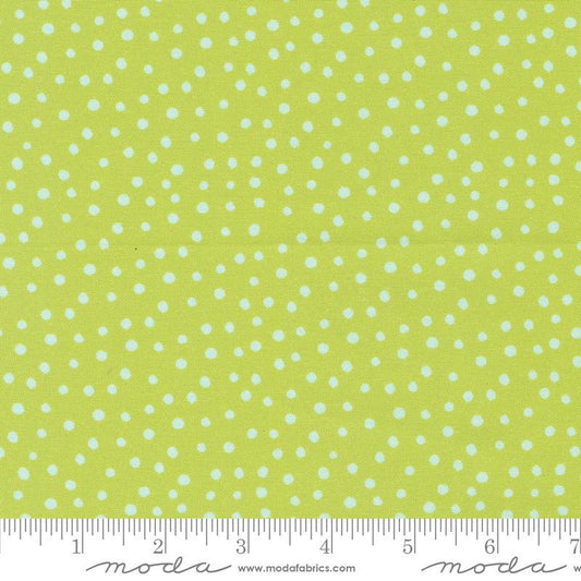 Image of the Flower Patches Dots Limeade quilting cotton fabric by Amarilys Henderson for Moda Fabrics. Features dots on a green background. Cute Little Fabric Shop