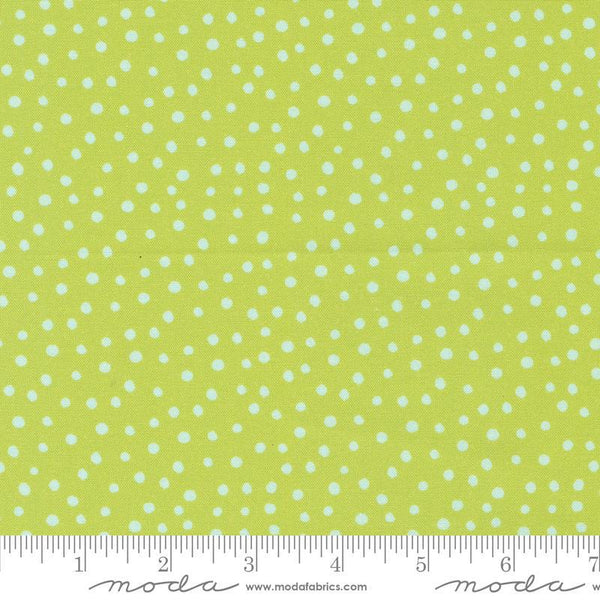 Image of the Flower Patches Dots Limeade quilting cotton fabric by Amarilys Henderson for Moda Fabrics. Features dots on a green background. Cute Little Fabric Shop