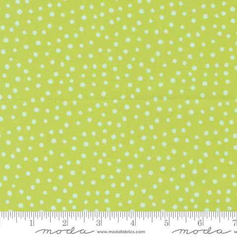 Image of the Flower Patches Dots Limeade quilting cotton fabric by Amarilys Henderson for Moda Fabrics. Features dots on a green background. Cute Little Fabric Shop