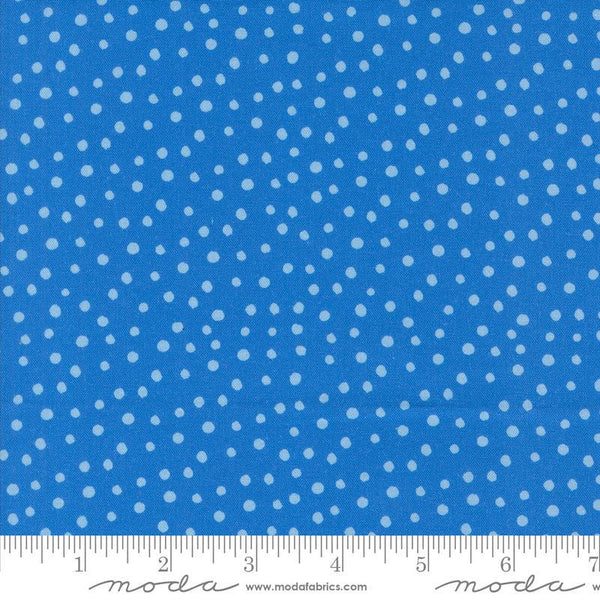 Image of the Flower Patches Dots Hydrangea quilting cotton fabric by Amarilys Henderson for Moda Fabrics. Features flowers on a blue background. Cute Little Fabric Shop