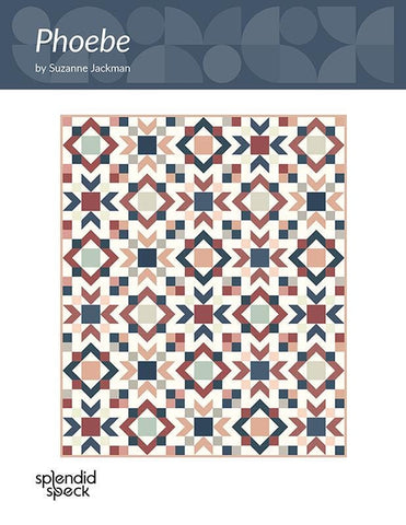 Image of the Phoebe quilt pattern by Splendid Speck for Riley Blake Designs. Features a quilt with geometric blocks. 
Cute Little Fabric Shop