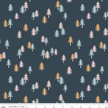 Image of the Forest Village Spruce Forest Twilight quilting cotton fabric by Little Forest Atelier for Riley Blake Designs. Features trees on a blue background. Cute Little Fabric Shop