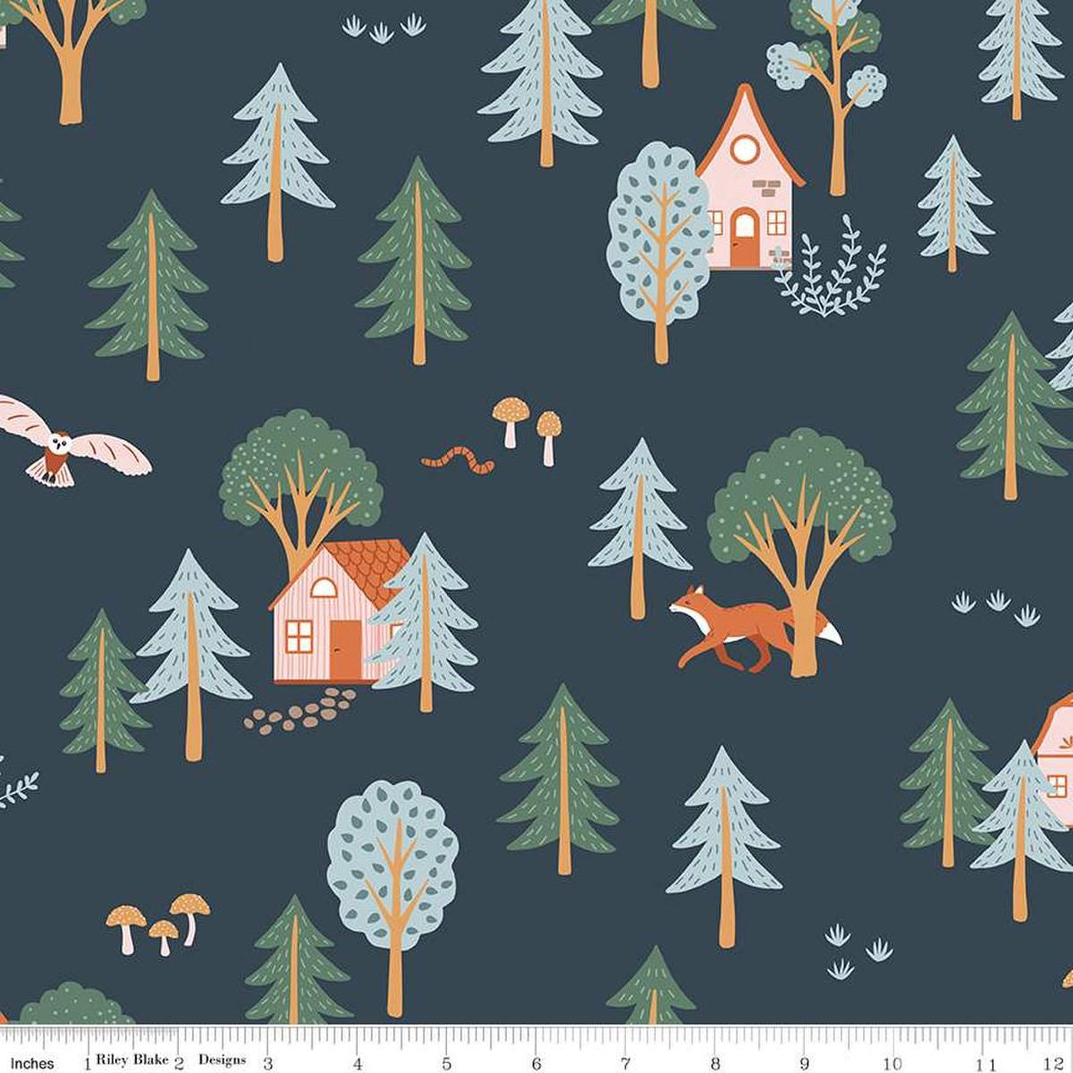 Image of the Forest Village Main Twilight quilting cotton fabric by Little Forest Atelier for Riley Blake Designs. Features a a forest on a blue background. Cute Little Fabric Shop