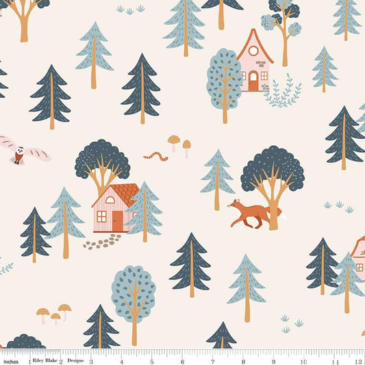 Image of the Forest Village Main Ivory quilting cotton fabric by Little Forest Atelier for Riley Blake Designs. Features a a forest on a cream background. Cute Little Fabric Shop