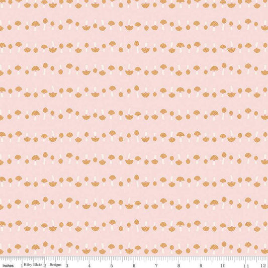 Image of the Forest Village Mushrooms Pink quilting cotton fabric by Little Forest Atelier for Riley Blake Designs. Features a mushrooms on a pink background. Cute Little Fabric Shop