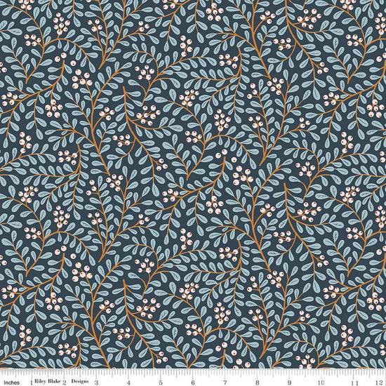 Image of the Forest Village Lingonberries Twilight quilting cotton fabric by Little Forest Atelier for Riley Blake Designs. Features a vines on a blue background. Cute Little Fabric Shop