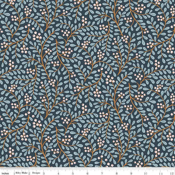 Image of the Forest Village Lingonberries Twilight quilting cotton fabric by Little Forest Atelier for Riley Blake Designs. Features a vines on a blue background. Cute Little Fabric Shop