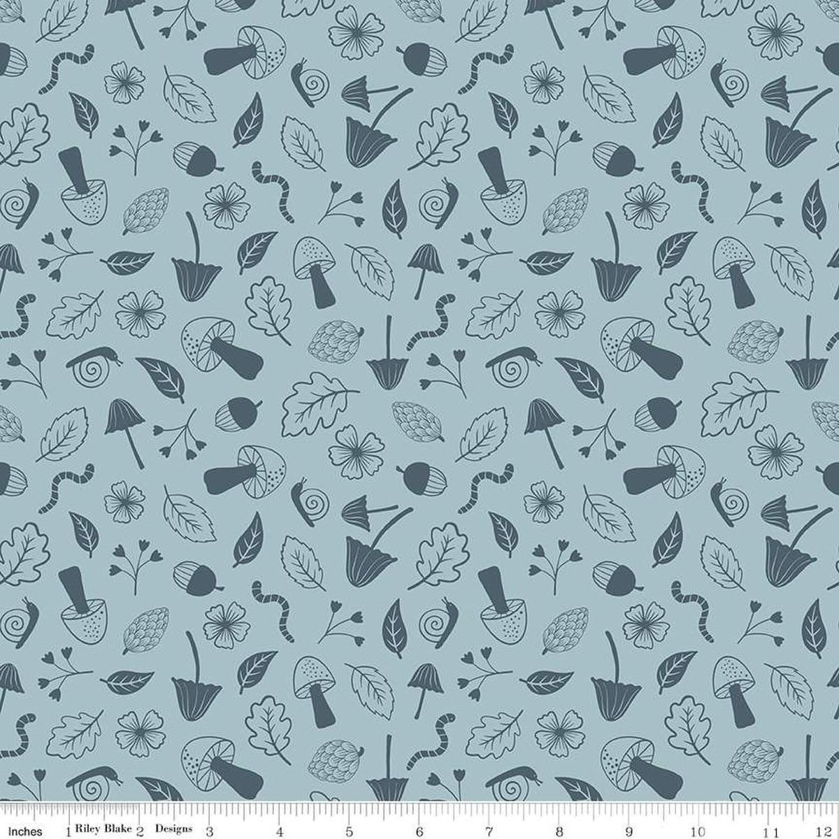 Image of the Forest Village Foraging Sky quilting cotton fabric by Little Forest Atelier for Riley Blake Designs. Features a mushrooms on a blue background. Cute Little Fabric Shop
