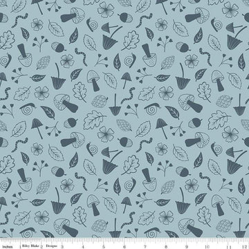Image of the Forest Village Foraging Sky quilting cotton fabric by Little Forest Atelier for Riley Blake Designs. Features a mushrooms on a blue background. Cute Little Fabric Shop